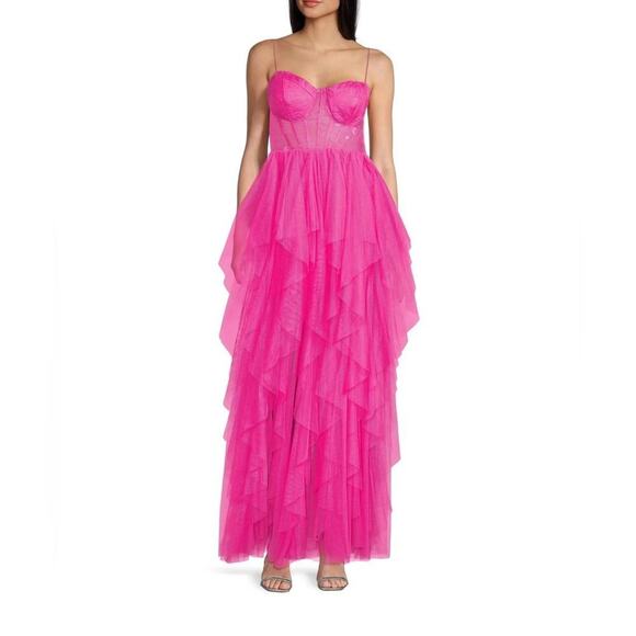 B. Darlin Sweetheart Neck Corset Ruffle Front Slit Long Dress 11/12 - Picture 2 of 6